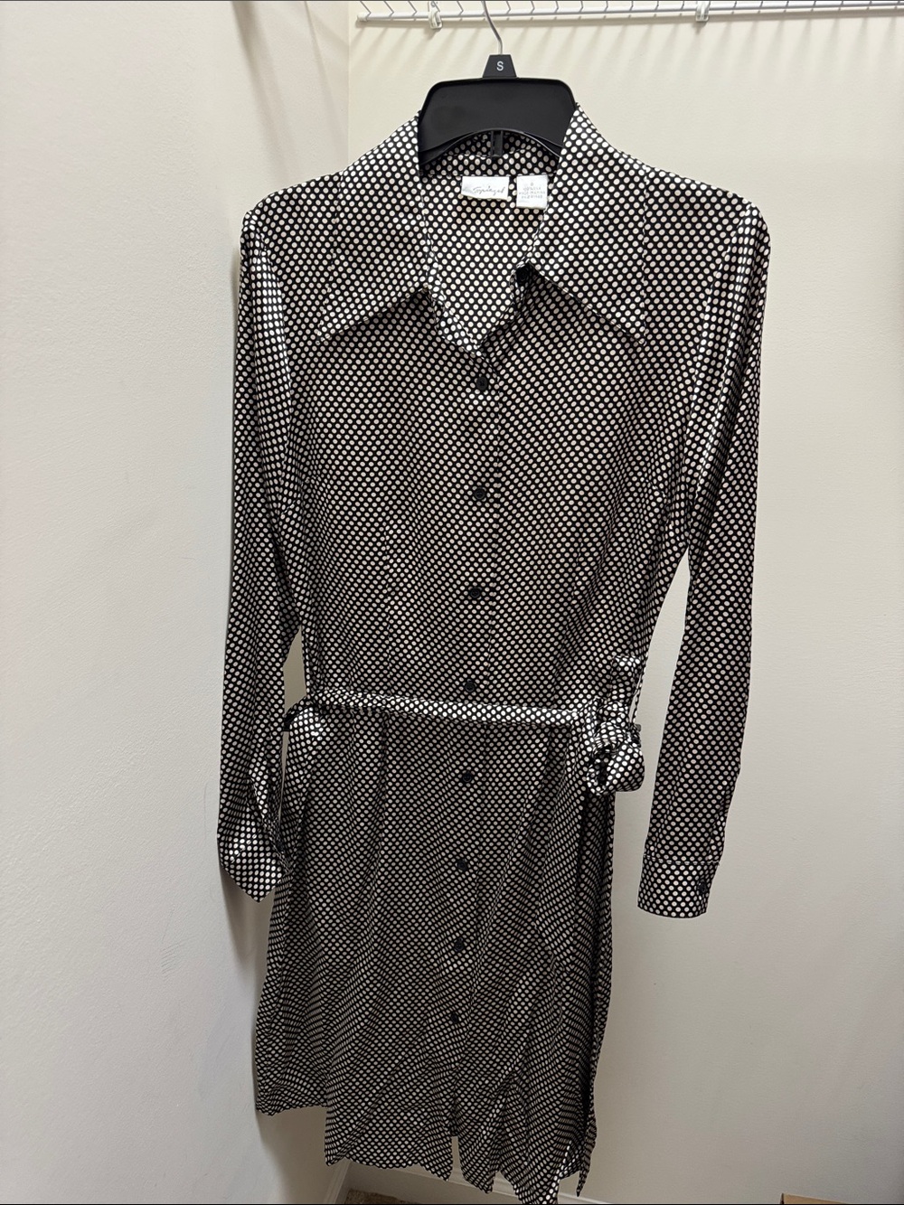 Spiegel Vintage Silk Black & Silver Polka Dot Shirt Dress with Tie Waist